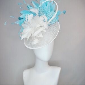 Kentucky Derby Hat Fascinator White Feather Flower Netting Turquoise Blue
